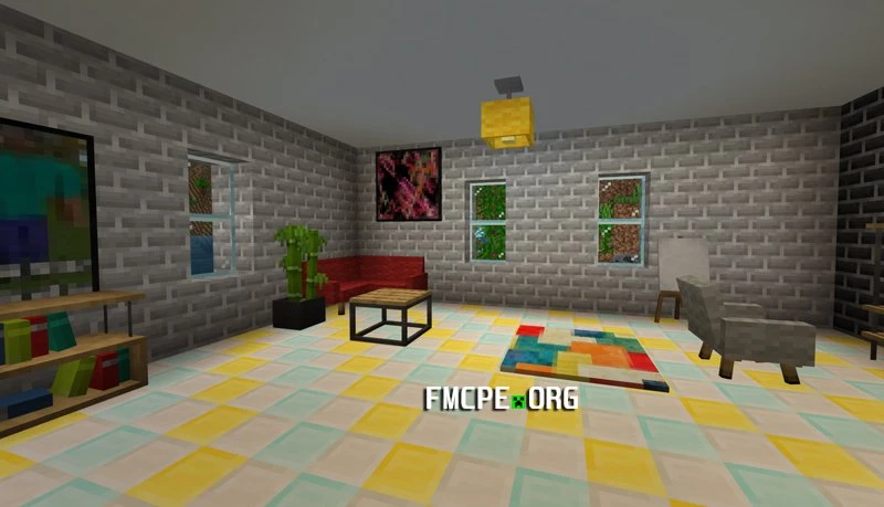 Sofa, bookshelves, modern carpet, lamps and other decorations