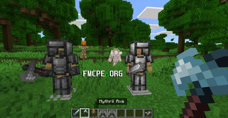 Steel armor set, holding Mythril axe