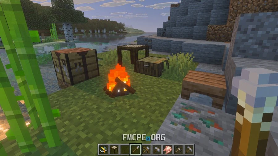 My base with: campfire, sieve, drying rack, chopping log