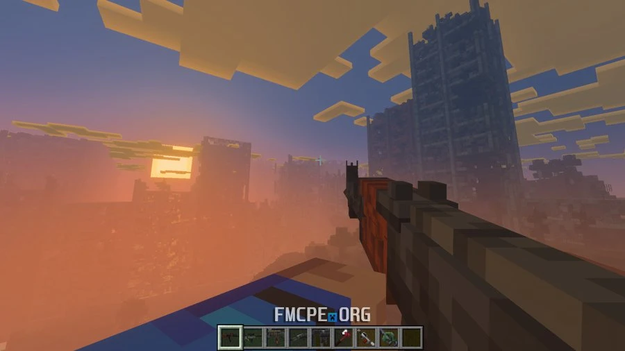 Holding a gun and looking at the ruins of the world