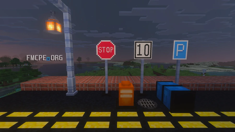 Road signs, roadblocks, street lamp