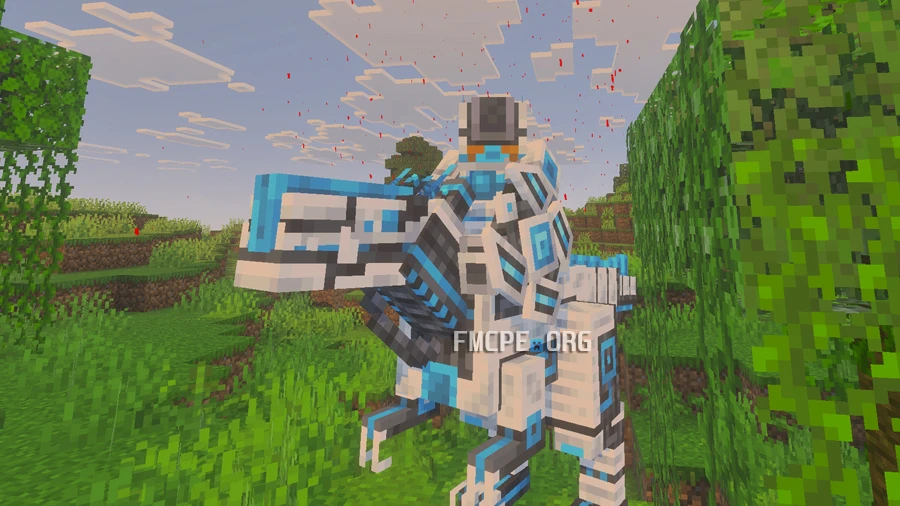 Riding on a blue dinosaur-like robot