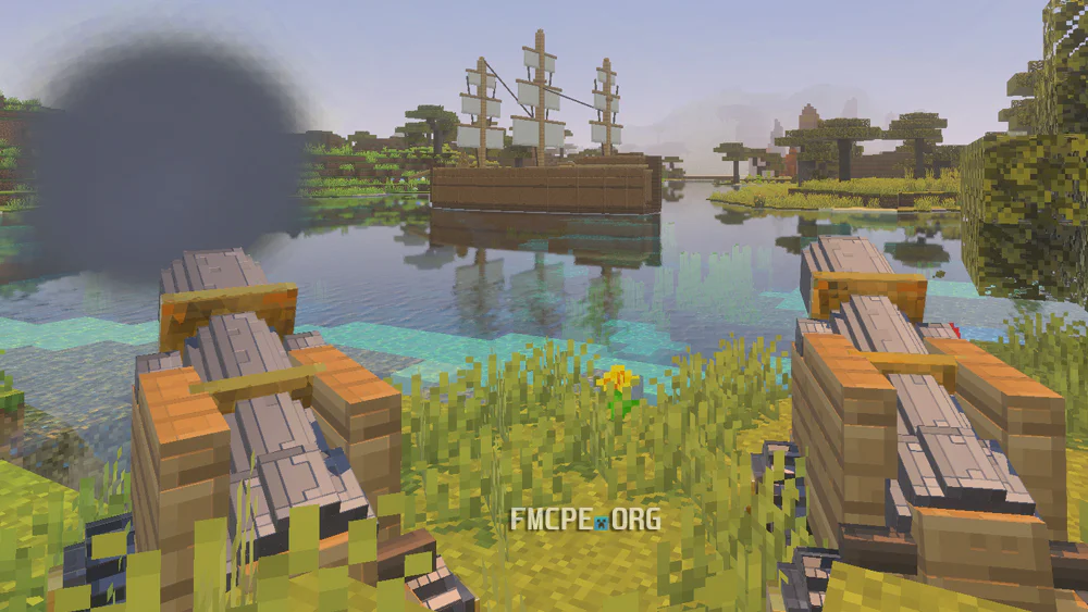 Cannons firing at the ship